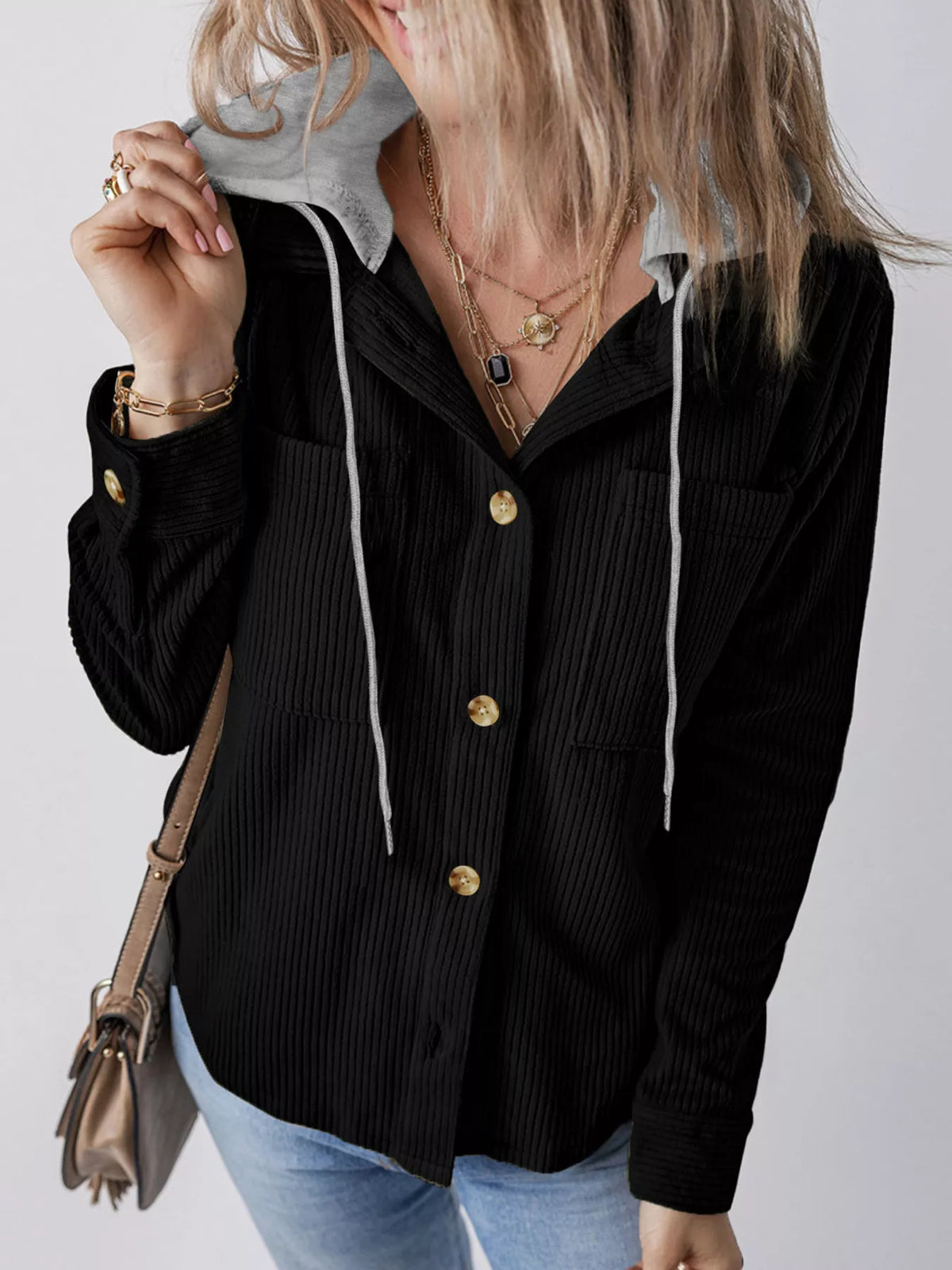 Plus Size Corduroy Button-Down Hooded Jacket